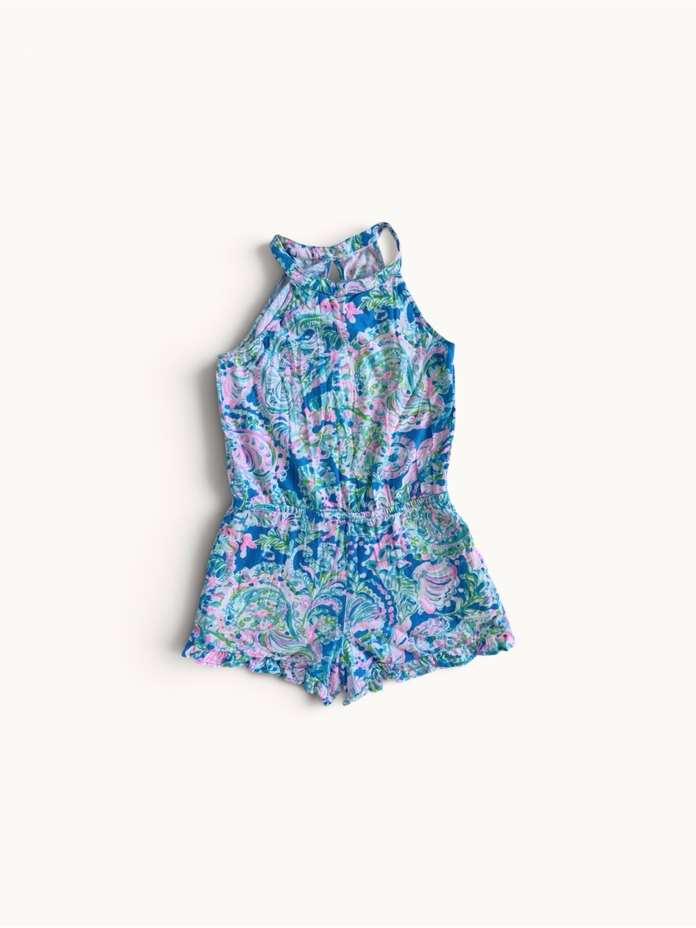 Lilly Pulitzer Girl’s Brienne Romper, Blue Floral Paisley, Pockets, L (8-10)